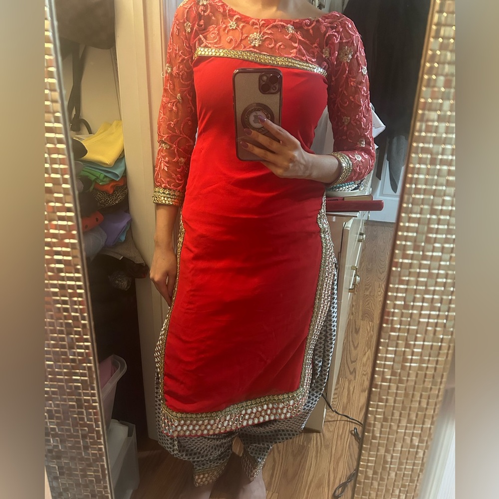 Georgette mirror work kameez with net dupatta